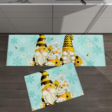 Imagem de Conjunto de 2 tapetes de cozinha verão abelha gnomo mel margarida floral azul-petróleo para tapetes e tapetes acolchoados antiderrapante tapete absorvente corredor confortável em pé