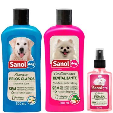 Imagem de Kit para Banho de cachorro: Shampoo pelos claros, condicionador revitalizante e perfume fêmeas Sanol Dog