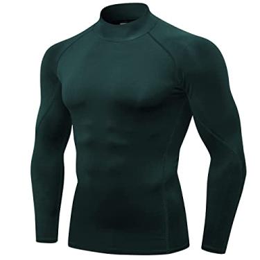 Imagem de LEICHR Camisetas de compressão masculinas de manga comprida e secagem fresca para academia com gola rolê, Verde escuro nº 58, GG