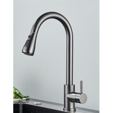 Imagem de Ouro escovado torneira da cozinha pull out pia da cozinha torneira de água único punho misturadora rotação 360 torneira do chuveiro da cozinha, tipo b arma cinza