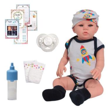Imagem de Bebê Reborn Menino Carequinha Olhos Claros + Acessórios - Cegonha Rebo