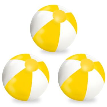 Imagem de Whaline 3 bolas de praia infláveis de 40,6 cm, bolas redondas de PVC, brinquedos fofos para o verão, tema tropical havaiano, decorações de festa na praia, acessório de jogo de areia (amarelo e branco)