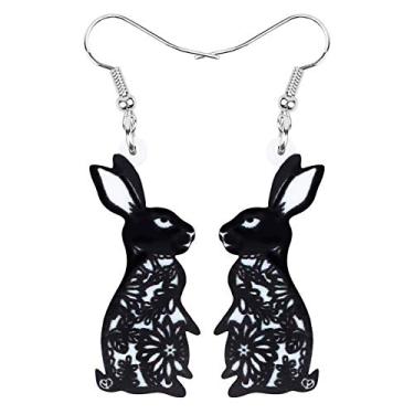 Imagem de Bonsny Brincos de acrílico com pingente de coelhinho da páscoa, joia para mulheres, meninas, crianças, presentes Preto