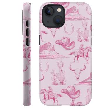 Imagem de DAIZAG Capa compatível com iPhone 13, capa de telefone vintage rosa chapéu de cowboy cavalos cactos para iPhone 13 para meninas mulheres meninos homens