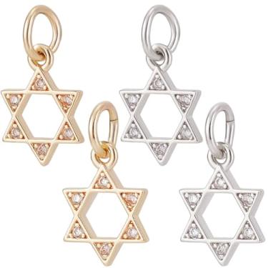 Imagem de Beebeecraft 1 caixa, 16 peças, pingente de estrela de Davi, pingente de estrela a granel banhado a ouro 14K e platina de latão zircônia cúbica hexagrama conectores para fazer joias, artesanato, 12,5 x