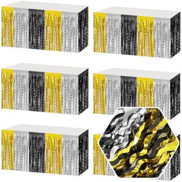 Imagem de Pacote com 6 saias de mesa com franja de 73 x 272 cm preto dourado prateado faixa metálica para guirlanda de tinsel pano de fundo para boias de desfile, dia das mães, Páscoa, casamento, decoração de