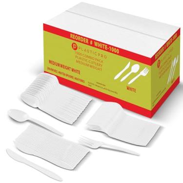 Imagem de PLASTICPRO Conjunto de talheres de 1000 peças de garfos, colheres e facas de plástico branco, pacote variado de talheres coloridos descartáveis para festa, escritório em casa