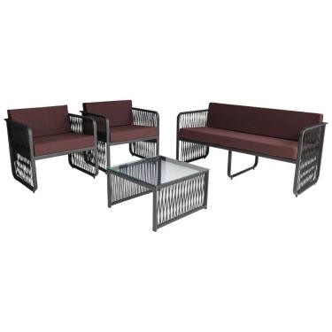 Imagem de Conjunto 2 Poltronas 1 Namoradeira e 1 Mesa de Centro Santiago em Alumínio e Corda Náutica Acesse Móveis