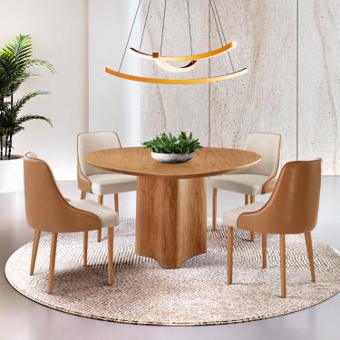 Imagem de Sala de Jantar Mesa Selene 135cm Madeira Tampo Laminado com 4 cadeiras Esmeralda - Linho Off/ Star Caramelo/ Imbuia Nat.