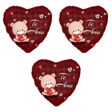 Imagem de Kit 3 Balões Metalizados Coração De Urso Te Amo 43x43cm - Ponto das Fe