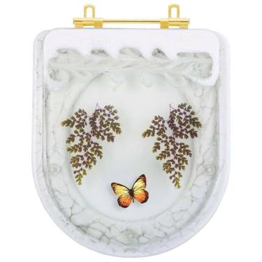 Imagem de Assento Sanitario Poliester Decorado Borboleta Amarela Carrara Para Vaso Deca Com Ferragem Dourada