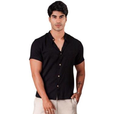 Imagem de Camisa Social Gola Padre Manga Curta Slim Fit Moda Praia - Mitchelgutt