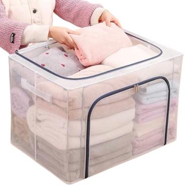 Imagem de Caixa Organizadora Roupas Cobertor Estrutura Metálica Empilhável 50x39x32cm (Transparente)