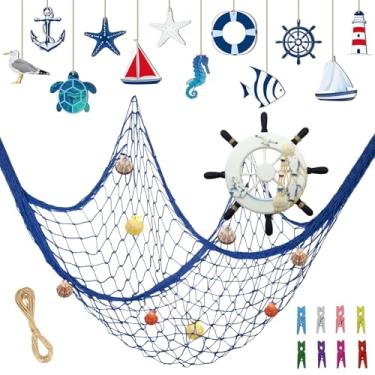 Imagem de Conjunto de decoração de parede com rede de peixes naturais com conchas, decoração de festa de rede de pesca do oceano, inclui rede de pesca azul, decoração de enfeite de madeira, leme de navio para
