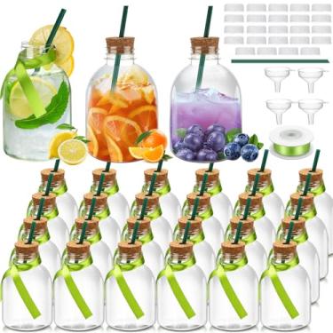Imagem de Vesici 24 garrafas de plástico de 355 ml com cortiça e canudo garrafas de suco vazias para bebidas, mini jarra de licor reutilizável com fita de seda verde para decoração personalizada de festa de