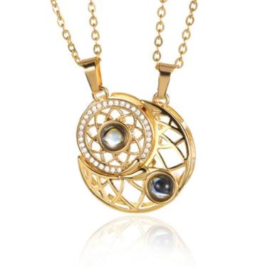 Imagem de Colar Presente Pedido Namoro Futura Namorada Conjunto Pingente Brincos Anel Retângulo Vermelho + Linda Dedicatória (DOURADO SOL LUA EU TE AMO 100 IDIOMAS)