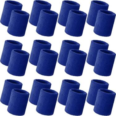 Imagem de Bememo 24 pulseiras de pulso esportivas a granel para homens e mulheres pulseiras de tênis atléticas respiráveis de algodão elástico absorvente felpudo para basquete, beisebol, academia, malhar (azul