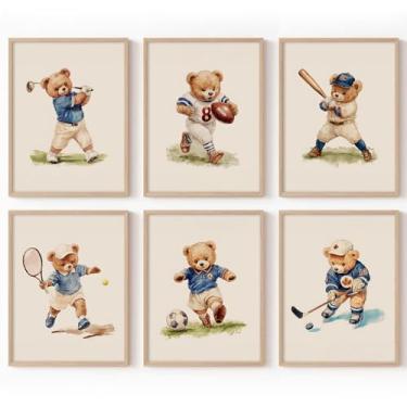Imagem de Arte de parede esportiva para quarto de menino vintage decoração de parede de urso de bebê imagens de urso de pelúcia infantil impressão de arte infantil pôster de animais para quarto de criança