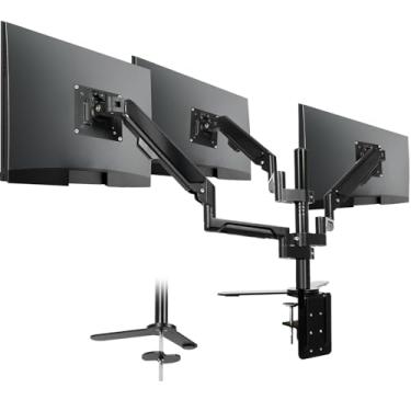 Imagem de FAHKNS Suporte para monitor triplo – Suporte VESA, suporte de mesa ajustável para 3 monitores com funções de inclinação, rotação e braçadeira para telas de computador de 43 a 81 cm, cada suporte