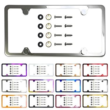 Imagem de Moldura fina para placa de licença com quatro furos, espelho polido, cromado, ajuste universal, antiferrugem, parafuso na tampa, aço inoxidável T304, parafusos de aço inoxidável à prova de ferrugem à
