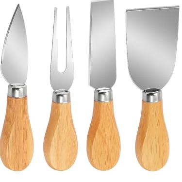 Imagem de Conjunto de Talheres para Queijo e Frios, 4 Peças, Cabo em Madeira, Lâminas em Aço Inox, Gourmet, Petisqueira, Charcutaria