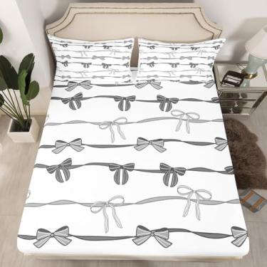 Imagem de Feelyou Jogo de lençol Queen com laço e laço de borboleta, nó de príncipes, desenho animado com laço e laço aquarela, branco, cinza
