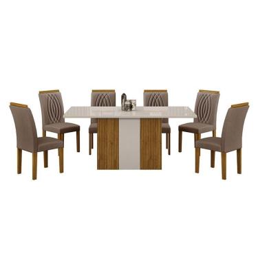 Imagem de Mesa De Jantar Doha 160x80 Reto Freijó Decor Off White Com 6 Cadeiras Freijó Joli Camurça – Leifer Móveis