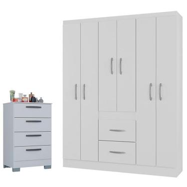 Imagem de Cômoda 867 4 Gavetas Com Guarda Roupa Casal Milão 6 Portas Branco Brilho - Poquema