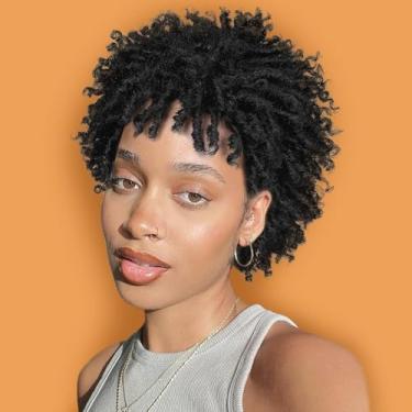 Imagem de Nuxovin Perucas de cabelo humano encaracolado explosivo feminino africano textura fofa natural estilo dreadlock trançado com tampa respirável resistente ao calor e design sem emaranhados (preto, 15 cm