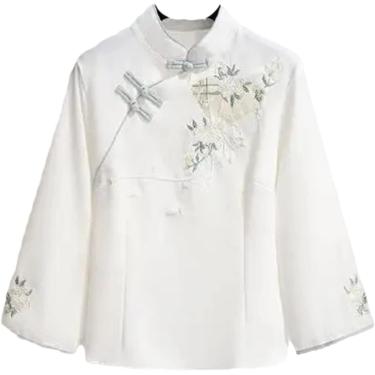 Imagem de Camisa Feminina Vintage Moderno Hanfu Estilo Nacional Hanfu Top Roupas Chinesas Elegância Tang Terno Bordado, White Top, XL