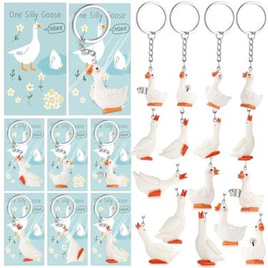 Imagem de Weysat 24 conjuntos de mini estatuetas de ganso de resina para decoração de festa de 1º aniversário de um ganso silly goose com cartões azuis, chaveiro de lembrancinha de chá de bebê para convidados