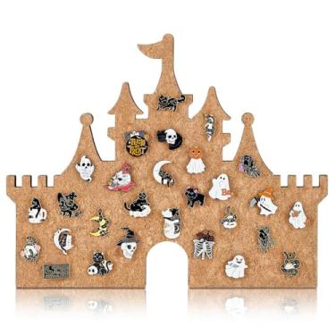 Imagem de BENECREAT Placa de cortiça esmaltada em forma de castelo de madeira de 28 x 35,5 cm, organizador de parede decorativo com furos para pendurar para coleções de broches e decoração de quarto