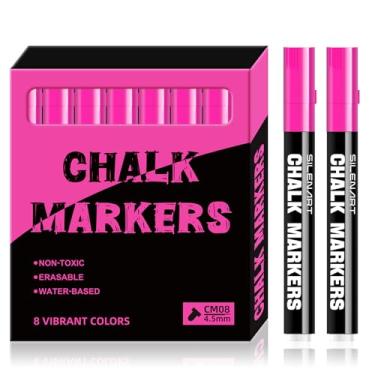 Imagem de SILENART Marcadores de giz – Pacote com 8 – Marcadores de giz líquido para quadro negro apagável a seco, quadro de giz para janelas, vidro acrílico, marcador de giz apagável (rosa)