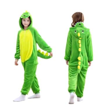 Imagem de AstraPrime Macacão infantil unissex, flanela cosplay animal fantasia Halloween pijama roupa de casa, Dinossauro verde, 6-8 Anos