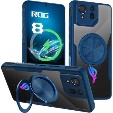 Imagem de HikerClub Magnético Capa para ROG Phone 8/8 Pro(2024), suporte com anel giratório 360 [efeito sonoro de alívio de estresse], capa à prova de choque antiderrapante cristalina e sem amarelamento, azul