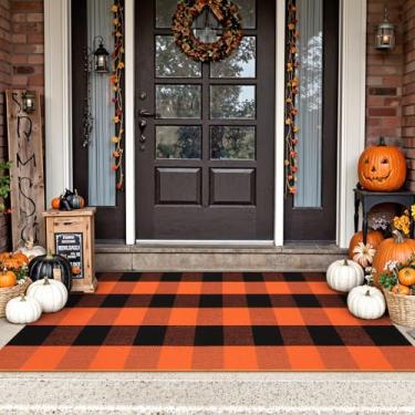 Imagem de Uphome Tapete xadrez Bufflo para ambientes externos, 6 x 11 cm, dia das bruxas, preto/laranja, quadriculado, para decoração de outono, para ambientes internos e externos, para tapetes de porta em