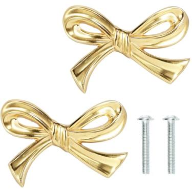 Imagem de UKQRRTC Pacote com 2 puxadores de armário de latão sólido em forma de laço, gaveta, arco dourado, puxador de porta de móveis, ferragens para armário e gaveta (estilo 1)