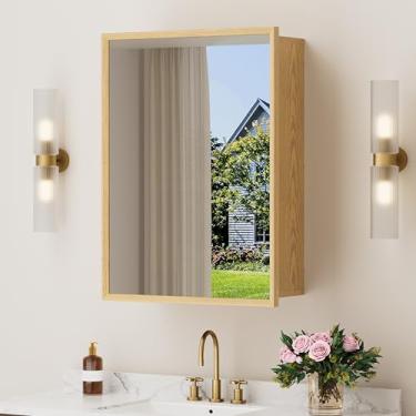 Imagem de HBEZON Armário de remédios de madeira de 50 x 71 cm com espelho, armários de banheiro montados na superfície ou embutidos com porta, prateleiras de vidro temperado ajustáveis, dobradiça de fechamento