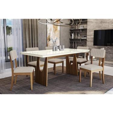Imagem de Conjunto Sala de Jantar Mila Premium Madeira Maciça c/ Tampo Madeirado c/ Vidro 200x100cm e 6 Cadeiras Telma Carvalho/Off White - Boucle Bege-Kappesbe