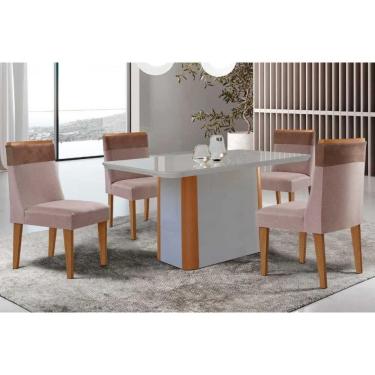 Imagem de Conjunto Sala de Jantar Pietá c/ Tampo Madeirado c/ Vidro Canto Curvo 120x80cm e 4 Cadeiras Jaspe Madeira Maciça Naturale/Off White - Capuccino/Linho 