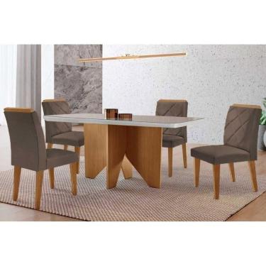 Imagem de Conjunto Sala de Jantar Nevada c/ Tampo Madeirado c/ Vidro Canto Curvo 120x80cm e 4 Cadeiras Pietá Madeira Maciça Naturale/Off White - Capuccino/Coran