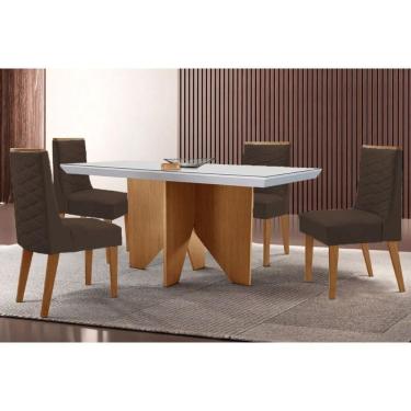 Imagem de Conjunto Sala de Jantar Nevada c/ Tampo Madeirado c/ Vidro Canto Curvo 120x80cm e 4 Cadeiras Dafne Madeira Maciça Naturale/Off White - Capuccino/Suede