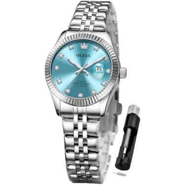 Imagem de OLEVS Relógios femininos para negócios, vestido feminino, para relógio de pulso pequeno, dourado, prateado, pulseira de aço inoxidável, analógico, quartzo, dia, data, à prova d'água, relógios