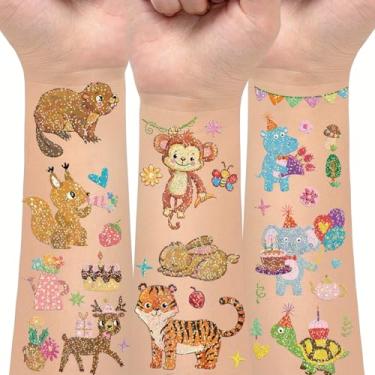 Imagem de 14 folhas de adesivos de tatuagens temporárias com glitter, sacos de presentes para artigos de festa de aniversário, jogos de festa para meninos e meninas decorações de lembrancinhas (animal da selva)