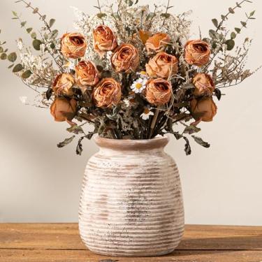 Imagem de Vaso de flores pequeno de cerâmica, vasos rústicos de 15 cm, decoração de casa, vaso decorativo de pampas de cerâmica curta para mesa, sala de estar, entrada, cornija, estante de livros, quarto