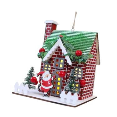 Imagem de UGPLM Enfeite de Natal em Madeira em Formato de Casinha, Decoração para Pendurar, Ideal para Crianças e Adultos, Centro de Mesa, Miniatura de Papai Noel, Tijolos Vermelhos