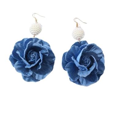 Imagem de Brincos de rosa azul ornamento jeans tecido azul denim brincos florais exagerados (1), Large, Liga de aço, Sem pedra preciosa