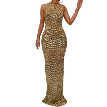 Imagem de Vestido maxi feminino Nagfar, strass, sem mangas, roupa de clube doura