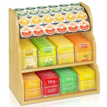 Imagem de EsLuker.ly Organizador de saquinhos de chá para balcão de 3 níveis, rack de armazenamento de saquinhos de chá, suporte de exibição de pacote de chá com carrossel giratório, estação organizadora de chá