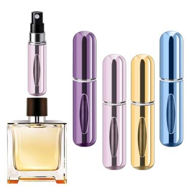 Imagem de forebile Perfume recarregável portátil atomizador spray de perfume recarregável, perfume de viagem (pacote com 5 ml, 4 unidades) (roxo, rosa, dourado, azul claro)